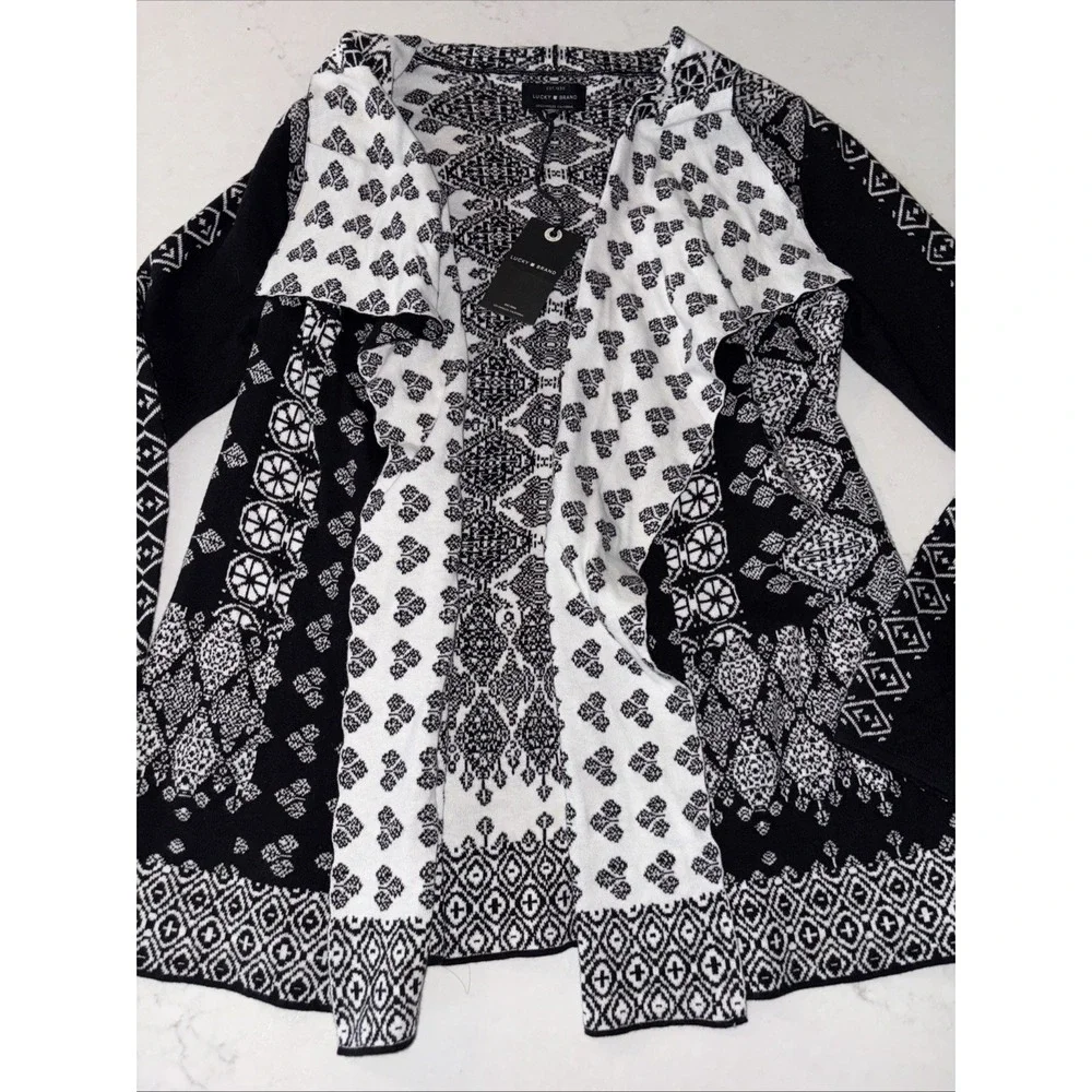 Lucky Brand Aztec Boho Patterned Waterfall Open Front Cardigan Sweater Womens XS